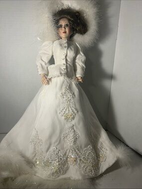 White Feathered Porcelain Fashion Doll - Elegant Collectible 20 inches Height